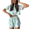 Pijamas Europeus e Americanos Transfronteiriços, Conjuntos Casuais para Casa, Shorts de Manga Curta Feminino, Conjunto de Duas Peças Moda Primavera e Verão com Estampa Jacquard