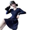 Vestido de Punto Estilo Francés para Mujer, Disparo Real Transfronterizo, Nuevo para Otoño e Invierno, Pequeño, de Alta Gama, Línea A, Vestido Base