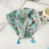 Pañuelo pequeño cuadrado de algodón y lino con borlas de 58 cm Protector de cuello Bufanda suave Pañuelo decorativo para la cabeza Pañuelo floral Retro Pequeño Fresco