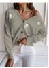 Suéter de cuello en V bordado con crisantemos pequeños para mujer, ropa transfronteriza de Amazon, otoño e invierno, nuevo cárdigan de punto suelto