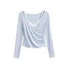 Conjunto de Duas Peças para Mulheres 2025 Estilo Europeu e Americano Nova Camisola de Renda Pura Lust com Decote V Profundo Manga Longa Efeito Emagrecedor