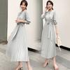 Vestido Plissado de Manga Longa para Comércio Exterior Novo Estilo 2026 Ajustado na Cintura Emagrecedor Estilo Coreano Elegante Socialite Saia Plissada