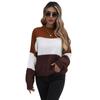 Bai Fen Zhi Yi Amazon Transfronterizo Otoño Marrón Patchwork Cuello Redondo Manga Larga Jersey de Punto Suelto para Mujer