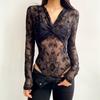 Camiseta Base de Malla para Mujer Estilo Europeo y Americano, Body Sexy de Cuello V Cruzado de Manga Larga, Top de una Pieza de Malla