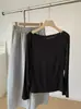 Top de Manga Larga Lyocell Tencel Lana Cuello Barco Capa Base para Mujer 2026 Otoño Estilo Coreano Elegante Top de Capa Base de un Hombro