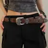 Cinto Largo Castanho Estilo Western Vintage para Mulheres, Novo Cinto de Rebites de Nicho em Estilo Pós-Apocalíptico, Combinado com Jeans como Acessório de Cintura