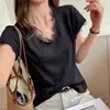 Camiseta Sexy de Encaje Patchwork con Cuello en V de Manga Corta para Mujer, Diseño de Verano, Corte Holgado, Estilo Pura Pasión, Top Delgado y de Alta Gama