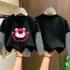 Camiseta de manga larga a rayas de algodón puro para niña, nueva colección de otoño 2026 estilo coreano para niños, look versátil de dos piezas, para niños de talla mediana y grande