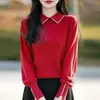 La Chapelle Camiseta Térmica para Mujer Primavera Otoño Solapa Roja Elegante Tejido Delgado que Adelgaza Tallas Grandes Ropa de Mujer Suéter Otoño Invierno