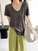 Camiseta de Linho Acetato com Gola U de Manga Curta para Mulheres, Tecido Lyocell Tencel Fresco e Respirável, Camiseta Base para 2026