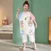Pijama infantil de uma peça para meninas, verão, algodão, manga curta, à prova de chutes, calça de dormir feminina, saia, mãe e filha, roupa de dois usos