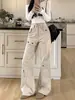 Calça jeans de trabalho estilo americano com barra flare para mulheres, tamanho petite, design de cintura alta, fecho de zíper, caimento solto, efeito emagrecedor, calça casual de perna larga