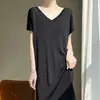 Vestido de punto para mujer, color liso, cuello en V delantero y trasero, estilo casual suelto para el trabajo, seda helada, con cuentas, delgado, por encima de la rodilla