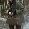 Casaco trench coat feminino de alta costura estilo vintage de Dongdaemun, Coreia, com bloqueio de cores, gola de lapela, ajuste solto e zíper