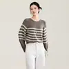 2613706-Tejido de punto sin costuras integrado de 18 puntos con estampado floral, cuello redondo, manga larga, a rayas, suéter de punto versátil para principios de otoño, Nanyou