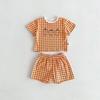 Conjunto de verão fino de algodão xadrez para bebês meninos e meninas, T-shirt de manga curta com estampa de frutas e calça, conjunto de duas peças