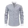Camisa casual de manga larga estilo americano, camisa de manga larga a rayas vintage para hombre, camisa casual versátil sin planchado resistente a las arrugas para hombre