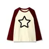 Otoño 2023 Negro y Blanco Empalmado Manga Raglán Nuevo Top Holgado y Más Fácil de Combinar Casual Delgado Estampado de Estrella de Cinco Puntas Ropa para Mujer