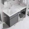Combinação de armário para máquina de lavar de varanda na cor creme, armário de lavanderia integrado com pia e tanque