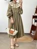 Vestido Longo de Algodão e Linho com Gola Alta Franzida e Retalhos, Estilo Francês Novo para Primavera, Saia Midi Solta de Cintura Alta para Mulheres