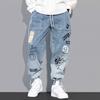 YOA Otoño Nuevo Jeans Estampados con Letras para Hombre Marca de Moda Pantalones Sueltos de Graffiti de Dibujos Animados Pantalones con Cordón Ins