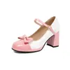 2026 Zapatos de Tacón Alto Lolita de Charol Color Block Punta Cuadrada 32-48 Correa de Tacón Alto Lazo Lindo Zapatos de Salón