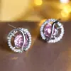 Pendientes de botón redondos de circón rosa estilo popular Pendientes de botón con diseño en capas de diamantes completos