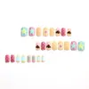 Unhas Postiças Quadradas Curtas Macaron Dopamine com Estrelas, Bolinhas, Bolo e Desenhos de Flores, Unhas Postiças Fofas Estilo Coreano