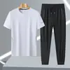 8306-2 Conjunto Esportivo Casual de Verão Masculino de Seda Gelada, Absorvente de Umidade, Respirável, Calças Compridas de Gola Redonda, Moda de Alta Qualidade, Secagem Rápida