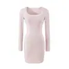 Vestido Bodycon Manga Longa Simples Curva Leve Estilo Desejo Puro Outono Nova Moda Cintura Marcada Emagrecedor Saia Curta Hot Girl