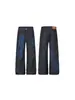 Jeans de mezclilla lavada estilo callejero americano cleanfit con bordado de letras, unisex, versátiles, corte holgado, pierna recta, pantalones largos