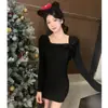 Conjunto Rojo Coreano Petite para Navidad y Año Nuevo Vestido de Punto con Lazo de Alto Gama para Mujer Otoño e Invierno