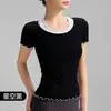 Top de Yoga Falso Duas Peças Color Block para Mulheres com Bordas Franzidas, Camiseta Esportiva Slim Fit para Corrida e Academia, Manga Curta