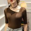 Primavera y Verano Nuevo Top de Malla de Manga Media Camisa Base Interior de Estilista Cuello Inclinado Elástico Camisa Pequeña
