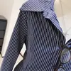Camisa a Rayas de Manga Larga con Cuello Polo Azul para Mujer, Nuevo Otoño 2026 Estilo Francés Chic Camisa Cardigan Ceñida a la Cintura