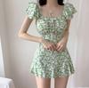 Fonte de Fábrica ins Estilo Vintage Floral Cordão Voando Manga Cintura Alta Barriga Cobrindo Saia Bodysuit Mulheres