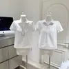 Wuowuo Estilo Igual Gola Peter Pan Branca Manga Curta Casual Doce Blusa Top