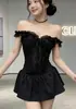 Nuevo Estilo Sujetador de Encaje con Ballenas y Bordes Fruncidos para Mujer, Diseño Atrevido con Top sin Mangas Halter con Lazo 5186