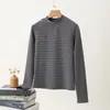 Camiseta interior térmica de cuello alto a rayas para mujer, top interior grueso forrado de forro polar cálido para otoño e invierno, nueva camiseta de manga larga