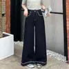 Calça Jeans Wide Leg Bordada Azul Denim para Mulheres 2026 Cintura Alta Comprimento Total Modeladora e Moldadora para Figuras Baixas Calça Longa