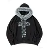 Sudadera Y2K con cuello de pelo oscuro, cárdigan con capucha, estampado de calaveras y tibias cruzadas, chaqueta sudadera Yabi vintage de corte holgado