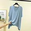 Camiseta Holgada de Cuello V Asimétrica con Manga Tres Cuartos Verano Delgada de Modal Talla Grande Top de Media Manga Color Sólido Camisa Básica