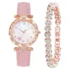 Nuevo Modelo Popular Reloj de Cuarzo para Mujer con Esfera Incrustada de Diamantes, Correa de Piel Sintética y Set de Pulsera, Disponible para Venta al por Mayor y Dropshipping