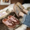 Pantuflas de Algodón con Cordones y Parche Retro para Mujer, Invierno Felpa Cálida Suela Gruesa Antideslizante Medio Cubiertas Calzado de Casa Zapatos Peludos