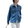Foto real camisa jeans estilosa feminina outono novo design senso nicho sobreposição camisa azul top de manga comprida
