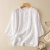 Camisa artística vintage de algodón y lino bordada de manga tres cuartos, conjunto de dos piezas para el verano para madres, top de color liso y pantalones de pierna ancha para mujer