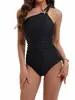 2026 Productos en Stock Amazon Comercio Exterior Traje de baño de una pieza Color sólido Hombro único Fruncido Adelgazante Traje de baño de una pieza Bikini para mujer