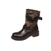 Botas de Cavaleiro Empilhadas Retrô Femininas 2026 Nova Chegada de Outono Cano de Altura Dupla Fivela de Cinto Salto Grosso Botas Longas Couro de Microfibra Bico Redondo