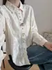 Colección Otoño 2026: Estilo Artístico, Bordado Intricado, Cuello Alto, Ribete de Encaje, Corte Holgado Camisa Top Cardigan de Manga Larga para Mujer