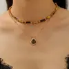 Colar de Pedra Olho de Tigre Retro com Contas Design Maillard Corrente de Clavícula Duas Peças Colar Empilhado Retrô de Alto Padrão para Mulheres